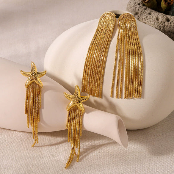 Wholesale Women's Stainless Steel 18K Gold Plated Starfish Tassel Earrings With Star And Geometric Pattern Furnace Vacuum Plated