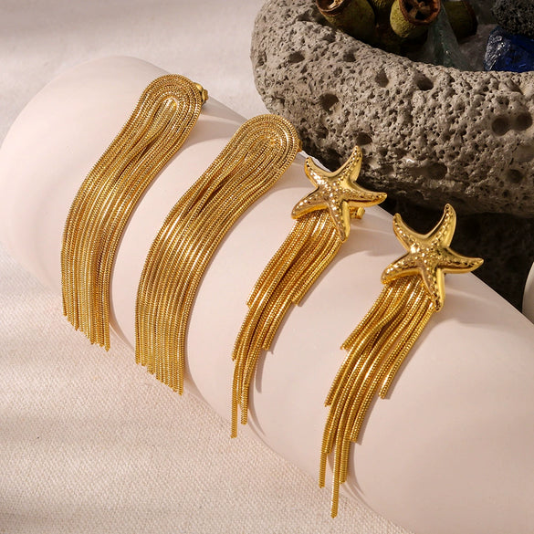 Wholesale Women's Stainless Steel 18K Gold Plated Starfish Tassel Earrings With Star And Geometric Pattern Furnace Vacuum Plated