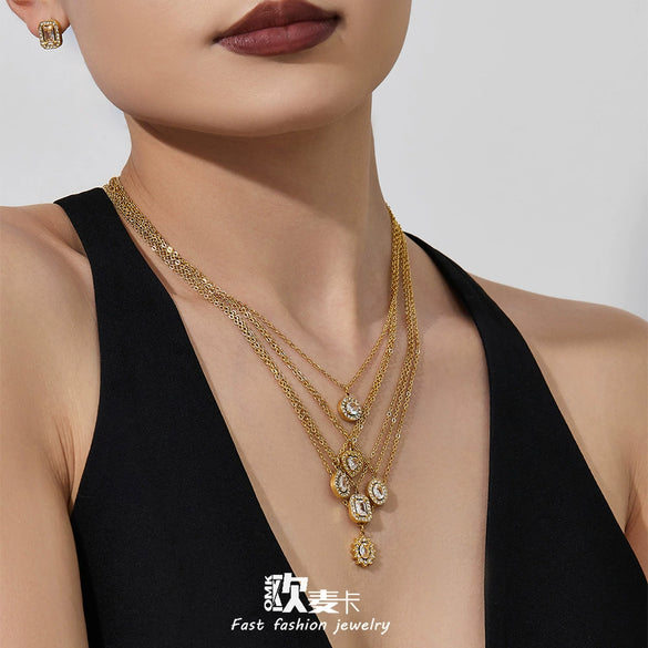 Wholesale Women's Stainless Steel 18K Gold Plated Water Drop Full Diamond Zircon Pendant Necklace And Earrings Set