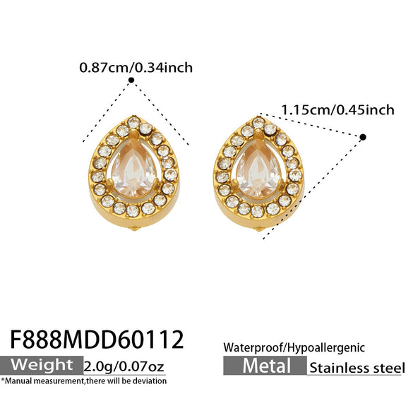 Wholesale Women's Stainless Steel 18K Gold Plated Water Drop Full Diamond Zircon Pendant Necklace And Earrings Set