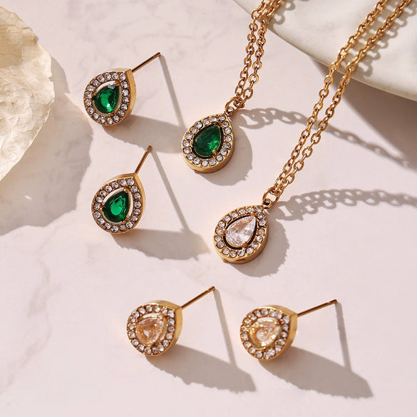 Wholesale Women's Stainless Steel 18K Gold Plated Water Drop Full Diamond Zircon Pendant Necklace And Earrings Set