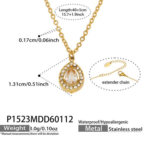 Wholesale Women's Stainless Steel 18K Gold Plated Water Drop Full Diamond Zircon Pendant Necklace And Earrings Set