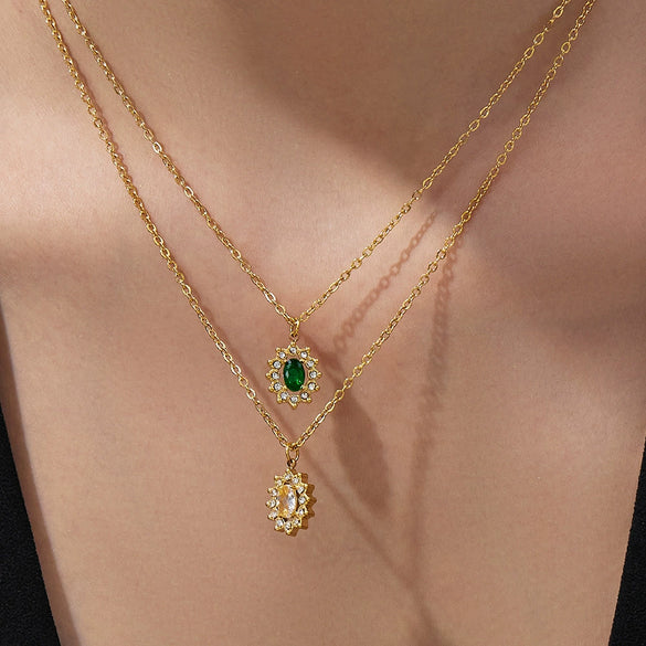 Wholesale Women's Stainless Steel 18K Gold Plated Water Drop Full Diamond Zircon Pendant Necklace And Earrings Set