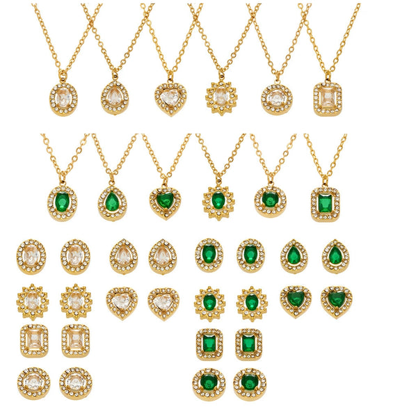 Wholesale Women's Stainless Steel 18K Gold Plated Water Drop Full Diamond Zircon Pendant Necklace And Earrings Set