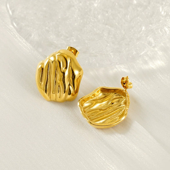 Wholesale Women's Stainless Steel 18K Gold Pleated Asymmetrical Geometric Electroplated Earrings