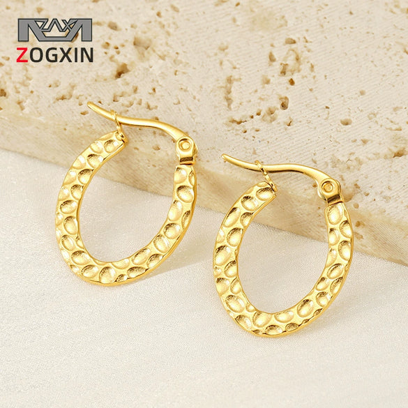 Wholesale Women's 316L Stainless Steel 18K Goldplated Geometric Oval Embossed Earrings