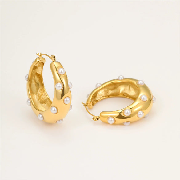 Wholesale Women's Stainless Steel 18K Inlaid Pearl Zircon Geometric Earrings With Electroplating