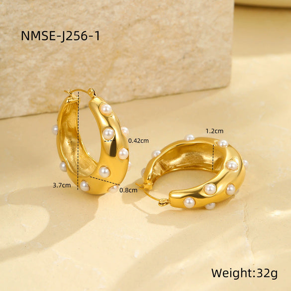 Wholesale Women's Stainless Steel 18K Inlaid Pearl Zircon Geometric Earrings With Electroplating