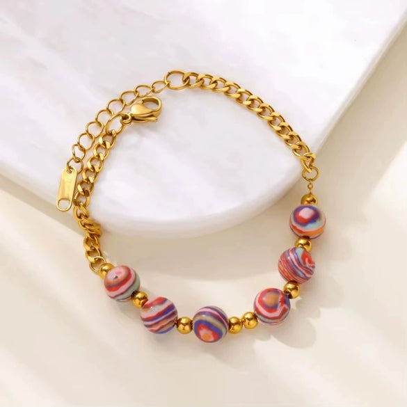 Wholesale Women's Stainless Steel 18K Macaron Beaded Geometric Volcanic Stone Dripping Oil Simple Ancient Style Minimalist Bracelet Jewelry