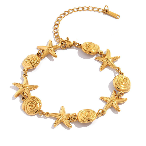 Wholesale Women's Stainless Steel 18K Real Gold Plated Animal Zodiac Starfish And Shell Bracelet