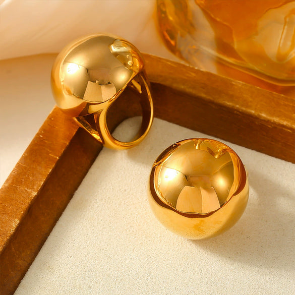Wholesale Women's Stainless Steel 18K Real Gold Plated Geometric Retro Chubby Spherical Ring