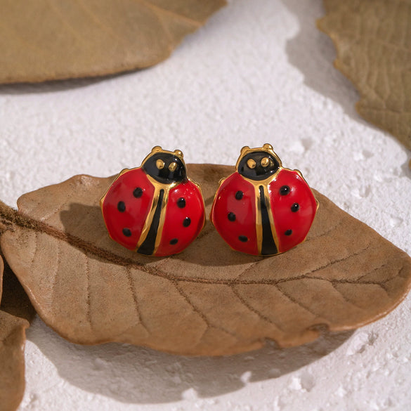 Wholesale Women's Stainless Steel Ladybug Earrings With Pvd Furnace Vacuum Real Gold Plating