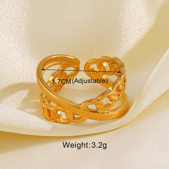 Wholesale Women's Stainless Steel Leaf Geometric Lines Cross Opening Adjustable Ring With Electroplating