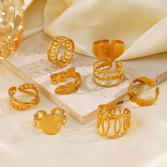 Wholesale Women's Stainless Steel Leaf Geometric Lines Cross Opening Adjustable Ring With Electroplating