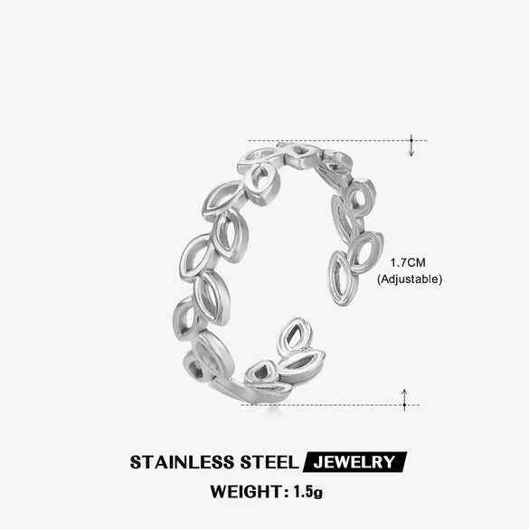 Wholesale Women's Stainless Steel Leaf Geometric Open Adjustable Ring With Electroplating