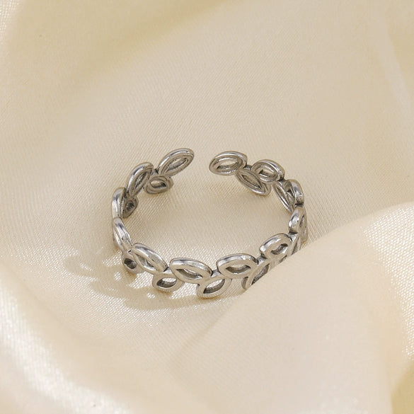 Wholesale Women's Stainless Steel Leaf Geometric Open Adjustable Ring With Electroplating