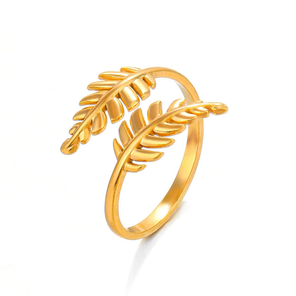 Wholesale Women's Stainless Steel Leaf Open Ring 18K Gold Plated