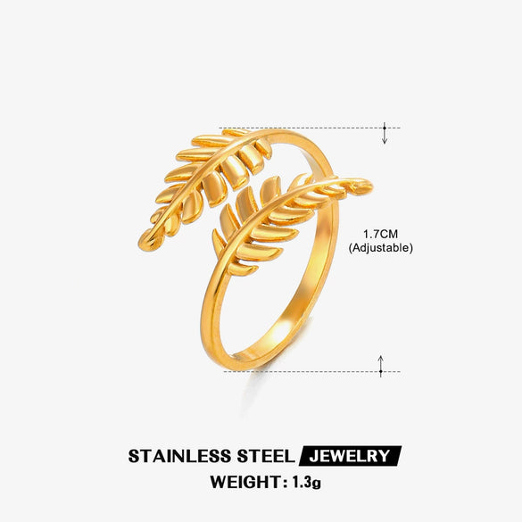 Wholesale Women's Stainless Steel Leaf Open Ring 18K Gold Plated