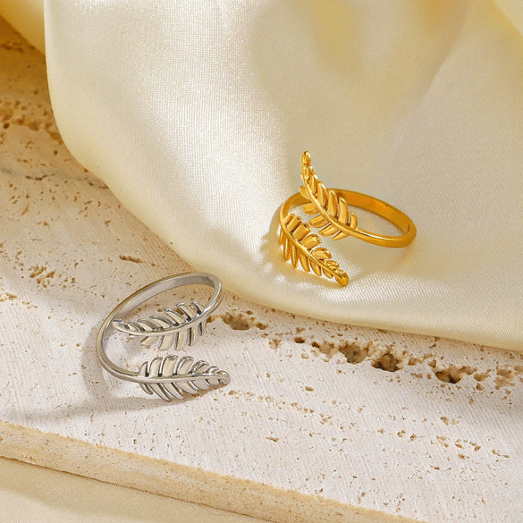 Wholesale Women's Stainless Steel Leaf Open Ring 18K Gold Plated