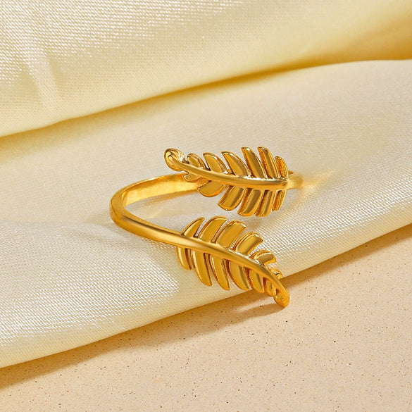 Wholesale Women's Stainless Steel Leaf Open Ring 18K Gold Plated