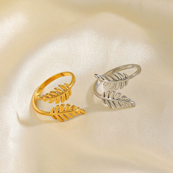 Wholesale Women's Stainless Steel Leaf Open Ring 18K Gold Plated