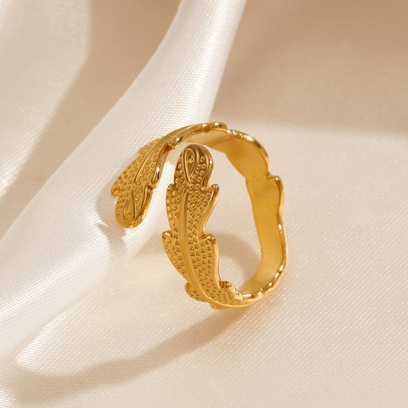 Wholesale Women's Stainless Steel Leaf Ring Opening Adjustable Electroplated Design