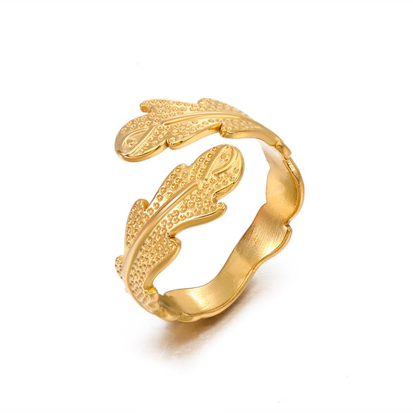 Wholesale Women's Stainless Steel Leaf Ring Opening Adjustable Electroplated Design