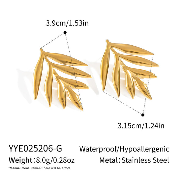 Wholesale Women's Stainless Steel Leaf Stud Earrings With Geometric Pattern Electroplated Personality Forest Style Nonfading Waterproof