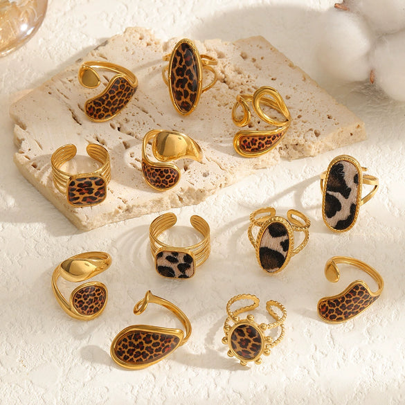 Wholesale Women's Stainless Steel Leopard Print Open Ring With Vacuum Plating Niche Design