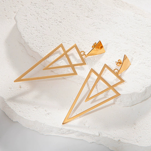 Wholesale Women's Stainless Steel Light Luxury Niche Design Overlapping Hollow Triangle Earrings With Leaves Pattern And Electroplating Treatment
