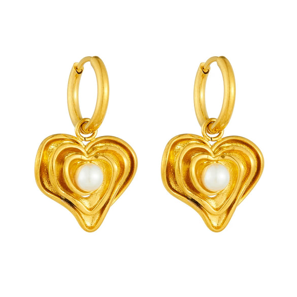 Wholesale Women's Stainless Steel Love Pearl Pendant Earrings Retro Style Gold Plated Heart Shape