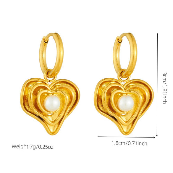 Wholesale Women's Stainless Steel Love Pearl Pendant Earrings Retro Style Gold Plated Heart Shape