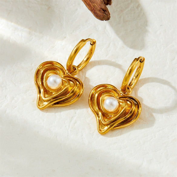 Wholesale Women's Stainless Steel Love Pearl Pendant Earrings Retro Style Gold Plated Heart Shape