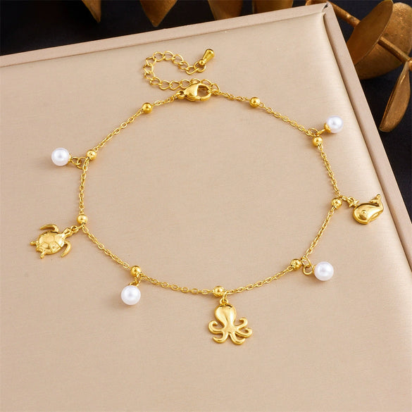 Wholesale Women's Stainless Steel Marine Life Anklet With Starfish And Turtle Pendant