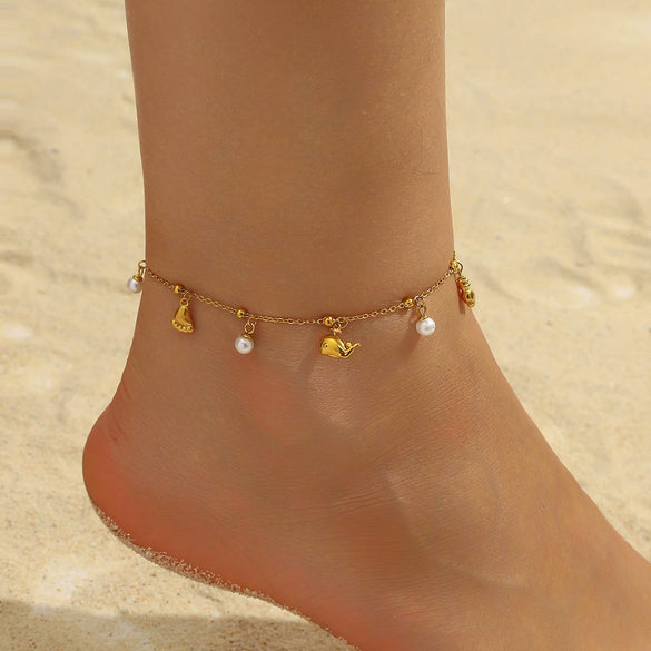 Wholesale Women's Stainless Steel Marine Life Anklet With Starfish And Turtle Pendant