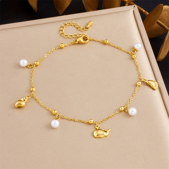 Wholesale Women's Stainless Steel Marine Life Anklet With Starfish And Turtle Pendant