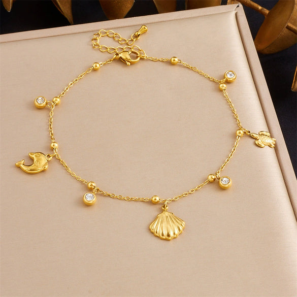 Wholesale Women's Stainless Steel Marine Life Pendant Anklet With Goldplated Turtle Dolphin Scallop Chain Animal Zodiac Design