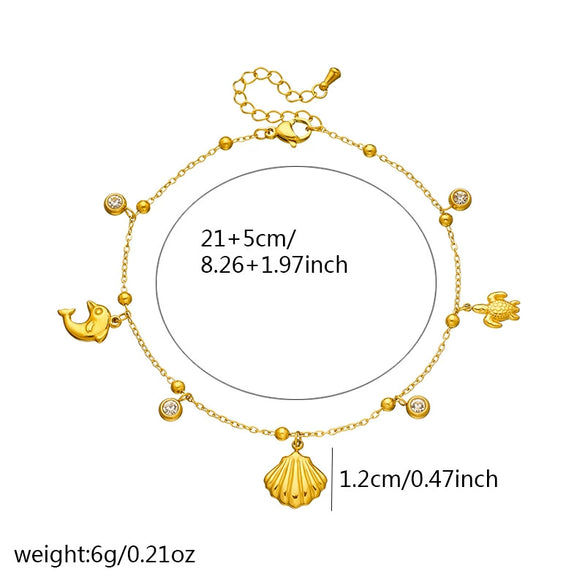 Wholesale Women's Stainless Steel Marine Life Pendant Anklet With Goldplated Turtle Dolphin Scallop Chain Animal Zodiac Design