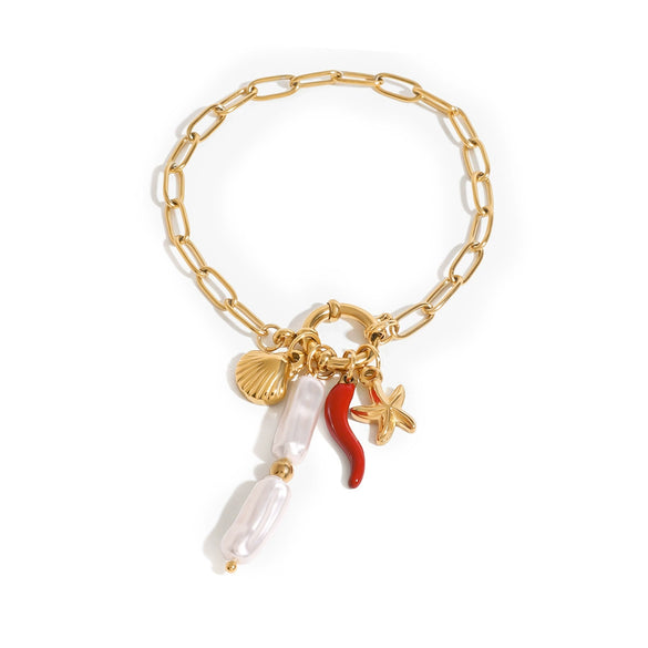 Wholesale Women's Stainless Steel Marine Sailor Buckle Necklace With Pearl Pendant And Animal Zodiac Pattern Electroplated Design