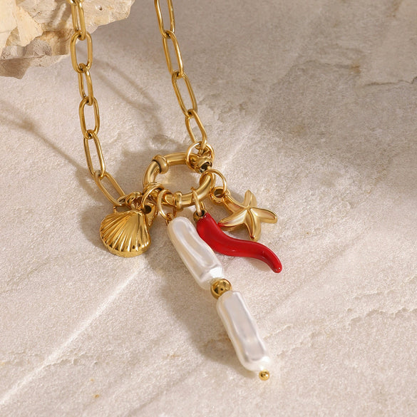 Wholesale Women's Stainless Steel Marine Sailor Buckle Necklace With Pearl Pendant And Animal Zodiac Pattern Electroplated Design