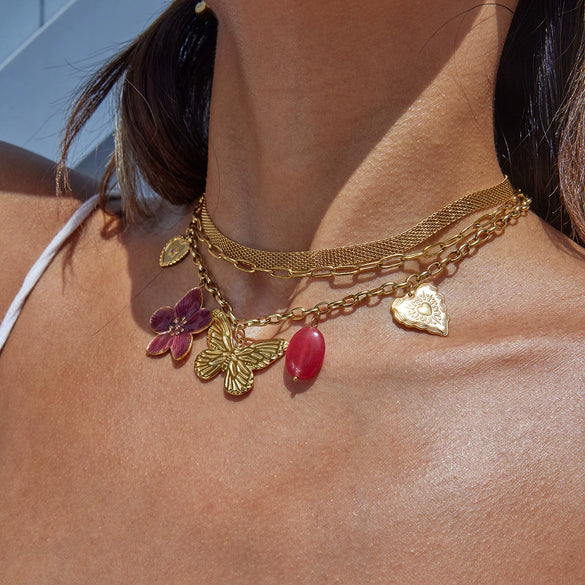 Wholesale Women's Stainless Steel Multielement Stacking Necklace And Bracelet Set With Heart Water Drop Bell Patterns Electroplated