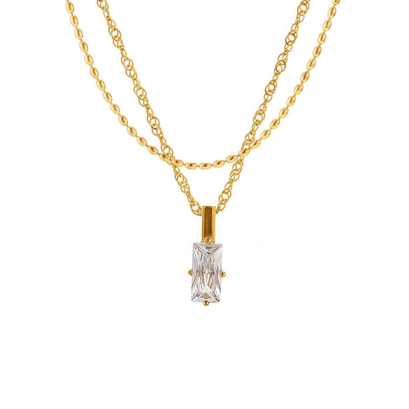 Wholesale Women's 316L Stainless Steel Multilayer Clavicle Chain With Rectangular Zircon Beads Pvd Plated In 18K Gold Light Luxury Geometric Style