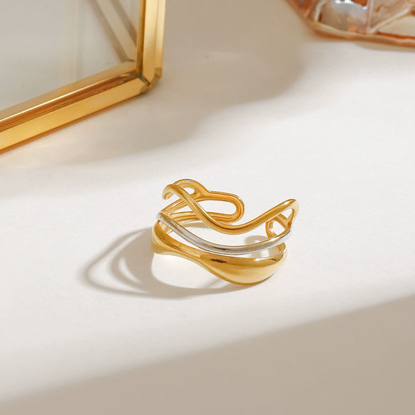 Wholesale Women's Stainless Steel Multilayer Water Ripple Open Ring With Geometric Design And Electroplating Treatment