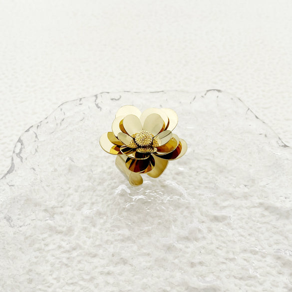 Wholesale Women's Stainless Steel Multipetal Flower Open Ring With Weaving Design