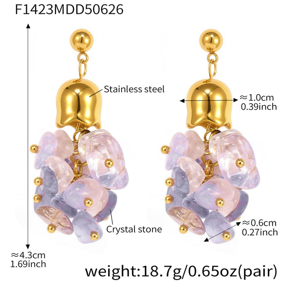 Wholesale Women's 316L Stainless Steel Natural Crystal Stone Lily Of The Valley Tassel Earrings With Geometric Pattern And Electroplating Design