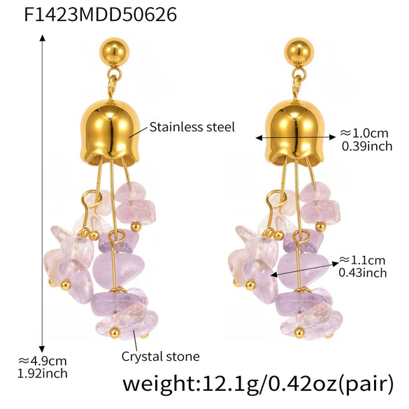 Wholesale Women's 316L Stainless Steel Natural Crystal Stone Lily Of The Valley Tassel Earrings With Geometric Pattern And Electroplating Design
