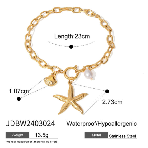 Wholesale Women's Stainless Steel Natural Freshwater Pearl Bracelet With Starfish Shell And Geometric Pattern Electroplated