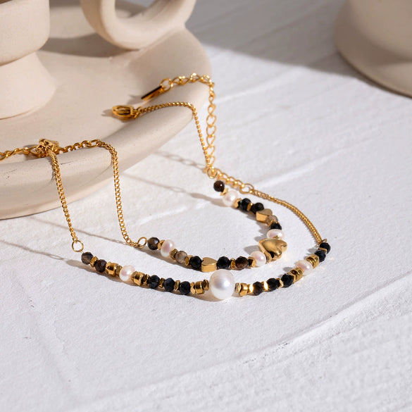 Wholesale Women's Stainless Steel Natural Stone Geometric Beaded Love Bracelet With Electroplating Retro Fashion Jewelry