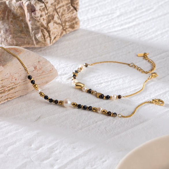 Wholesale Women's Stainless Steel Natural Stone Geometric Beaded Love Bracelet With Electroplating Retro Fashion Jewelry