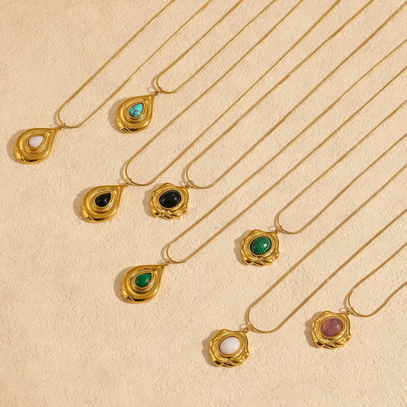 Wholesale Women's Stainless Steel Natural Stone Necklace With Geometric Pattern And Snake Bone Chain Mixed Gemstone Inlay Electroplated